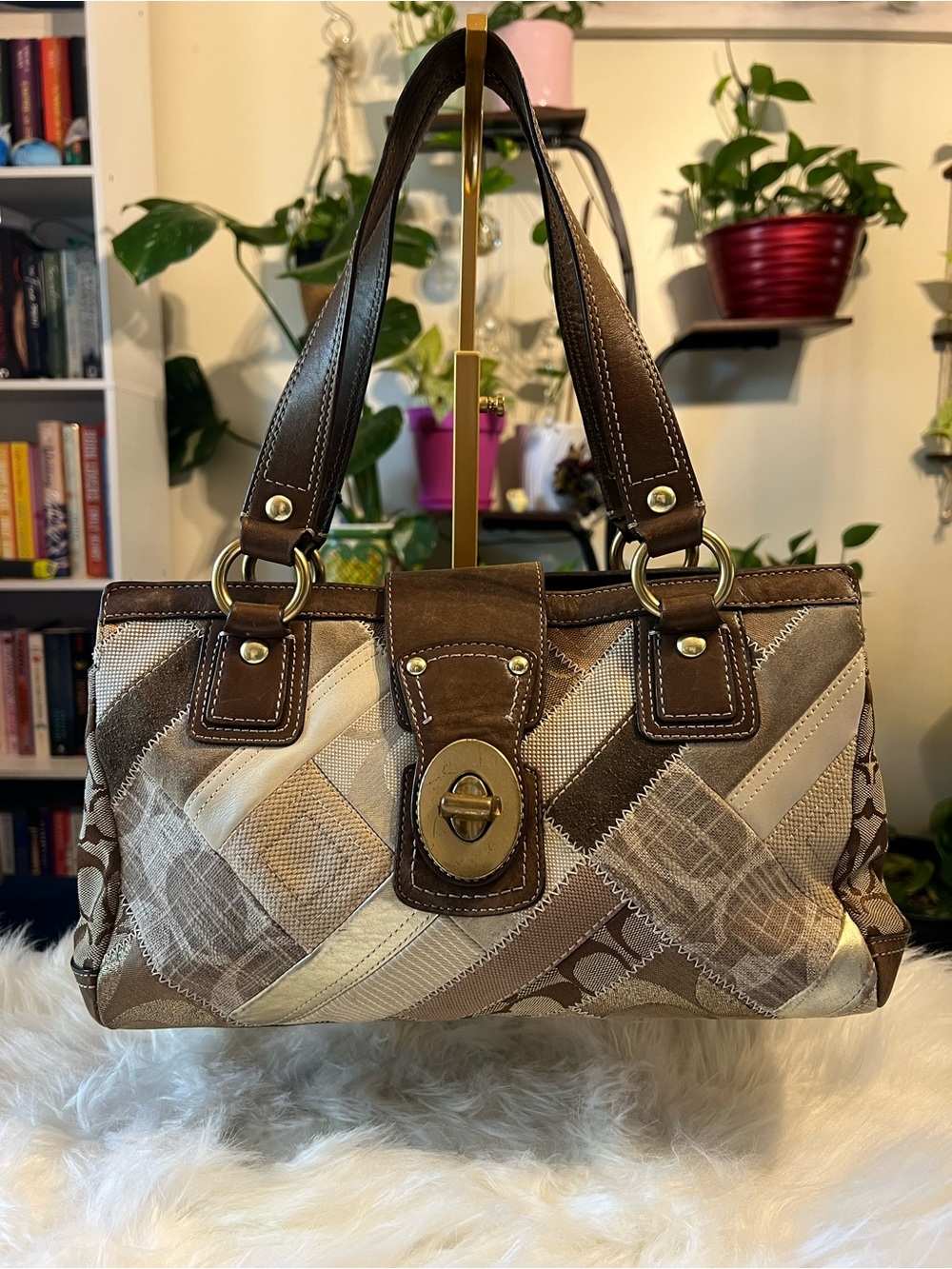 Coach Brown and Cream Patchwork Shoulder Bag